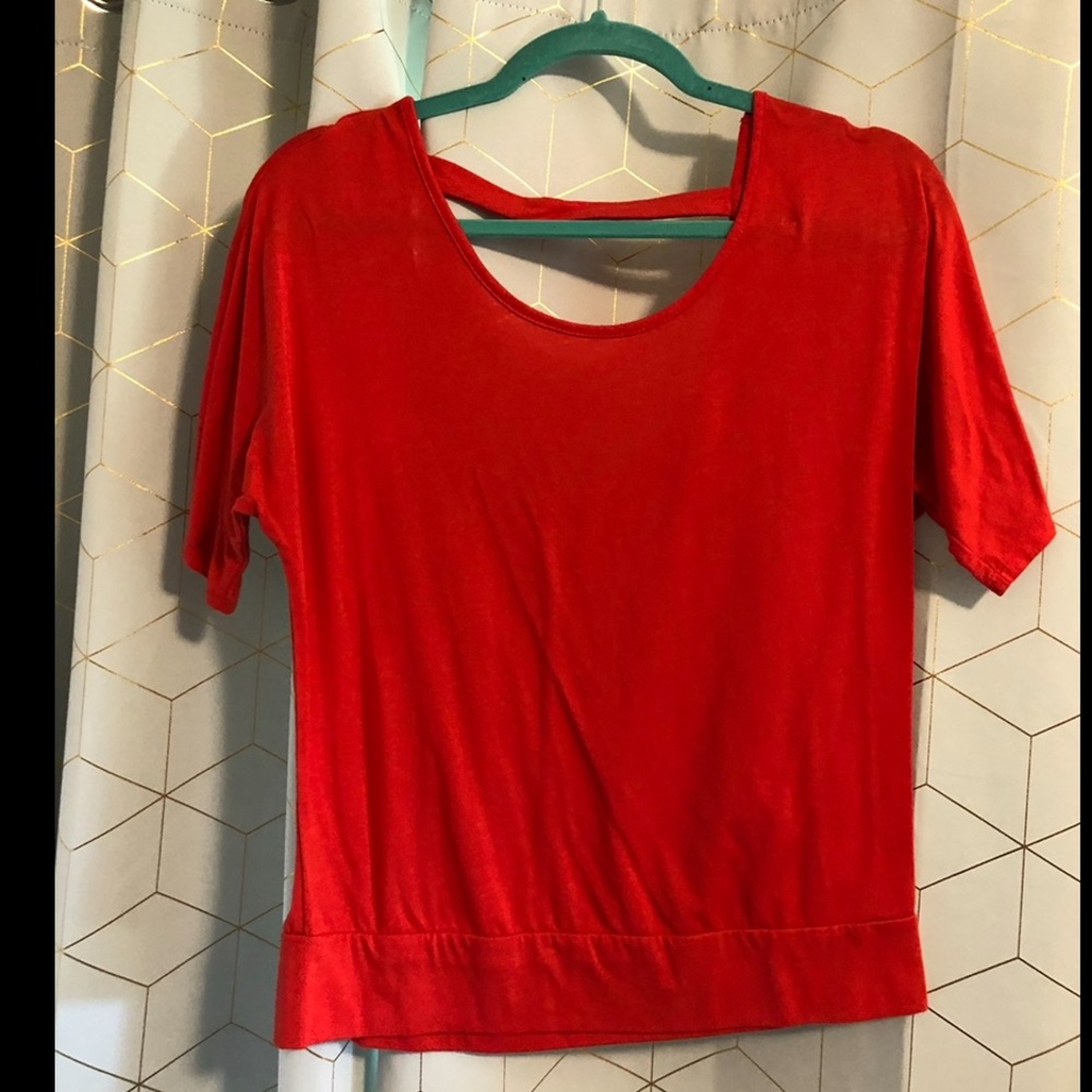 Red/orange short sleeved top with back cutout.